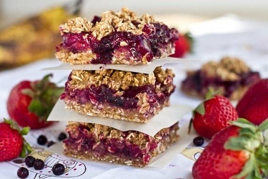 These vegan breakfast bars are sweetened with banana and maple syrup. Recipe here.