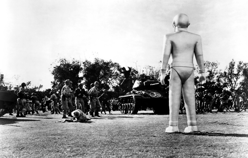The plot: Klaatu, a humanoid alien, and his giant metal robot guardian Gort come to Earth to deliver a simple but foreboding message: Human development of atomic weapons is so threatening to other planets that they are prepared to annihilate Earth because of them.The message: Nuclear warfare is the worst. Don't do it.