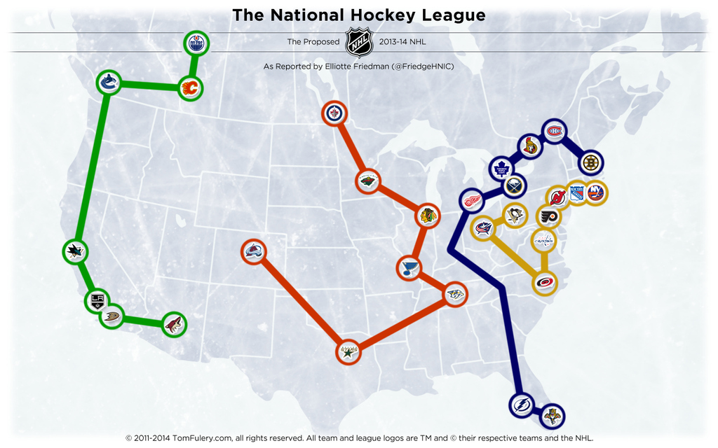There are now 4 divisions. The Atlantic (Blue) and Metropolitan (Yellow) are members of the Eastern Conference. The Central (Red) and the Pacific (Green) make up the Western Conference