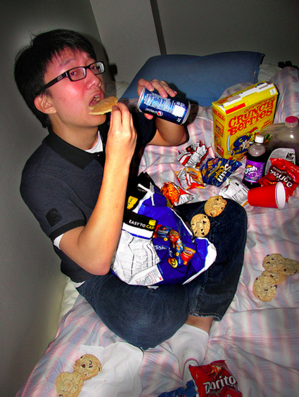 Stockpiling food equals eating all of your favorite snacks in one sitting.