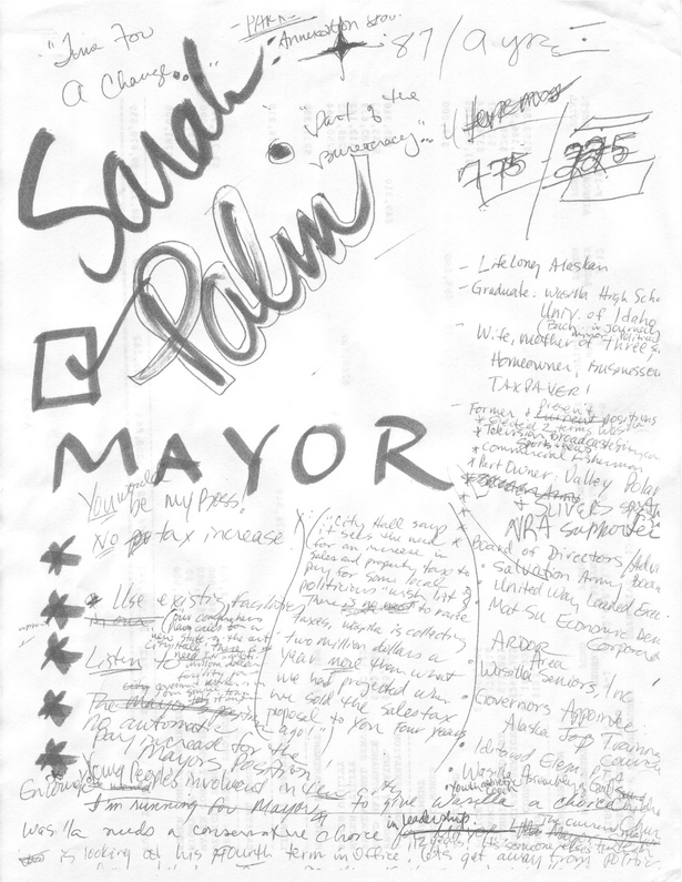 A glimpse into the brilliant inner workings of Sarah Palin's brain. Maybe next we'll find a trapper keeper with her old math homework.