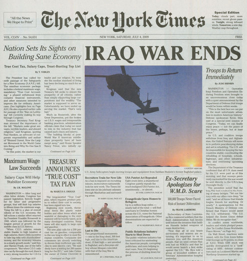 According to Gawker, volunteers are handing the paper out in New York today as part of an elaborate prank set up by the Yes Men.