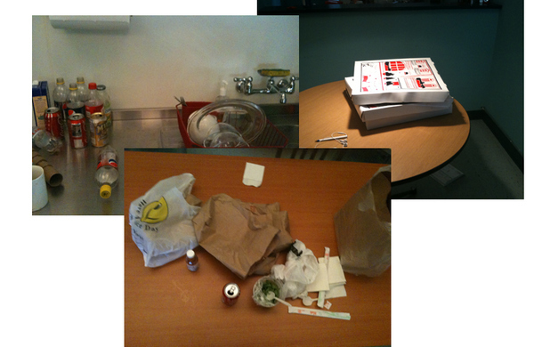 Here's our office kitchen. It rates about a 4 on the mess scale. Random pizza boxes, takeout still left on the table, and recycling not taken out. Can anyone do better?