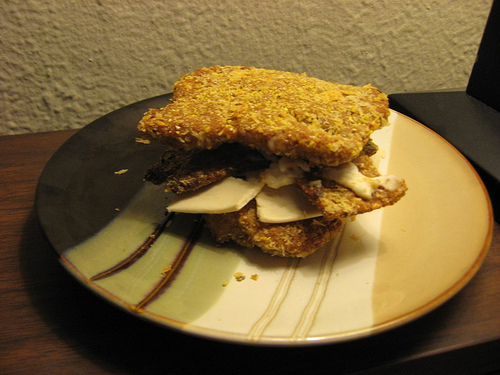 Zeitgeisty breadless fake-meat soy cheese creations for all! (I think the vegan version is almost as processed as the real one.)