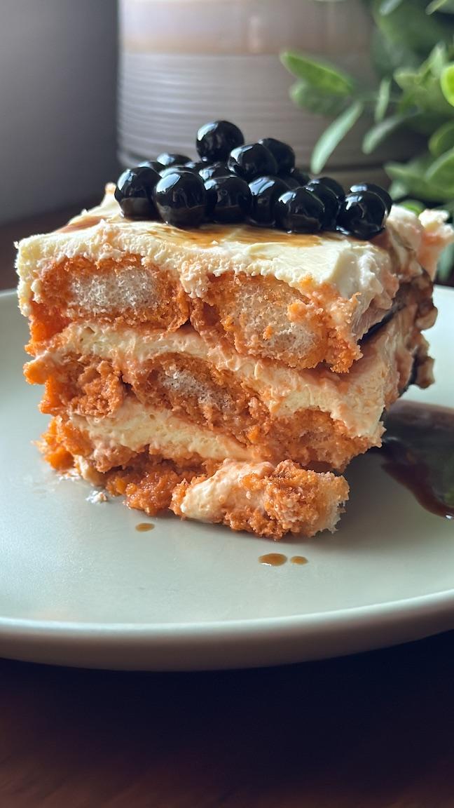 Thai tea tiramisu topped with black boba