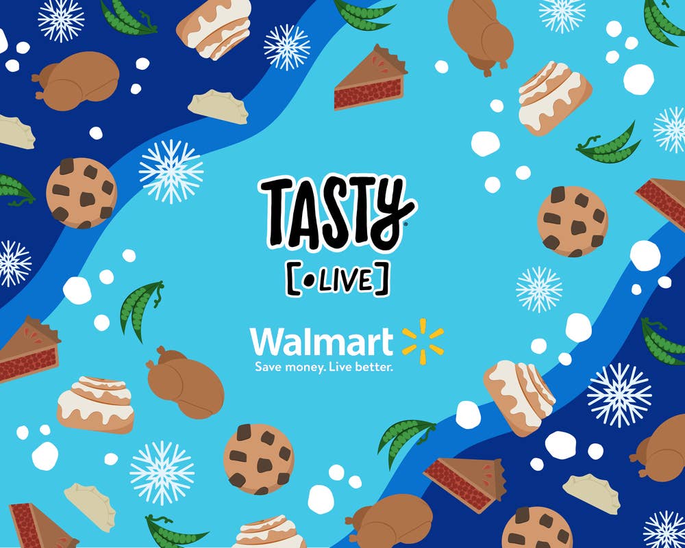 Tasty Live image with cartoon food in background cookies pizza hamburgers