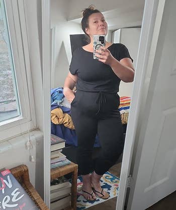Reviewer wearing aforesaid achromatic jumpsuit