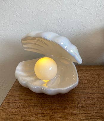 Pearlescent clamshell-shaped dish with a singular spherical object inside resting on a table