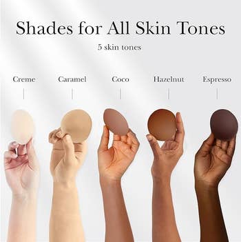 Image showing five hands holding foundation sponges in shades: Creme, Caramel, Coco, Hazelnut, Espresso, demonstrating diverse skin tone options