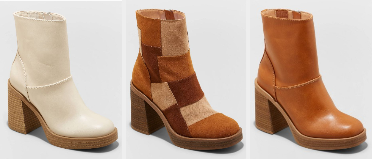 side-by-sides of platform boots in white faux leather, brown color-blocked suede, then brown faux leather