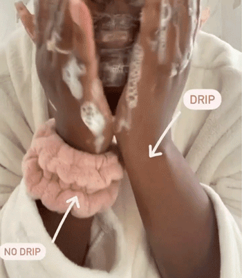 GIF of model washing their face, one hand with cleansing cuff on and text