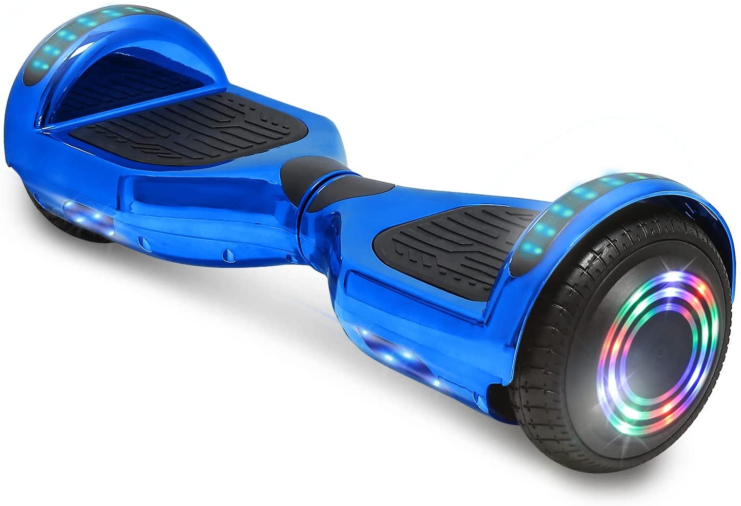 Neon blue hoverboard with colored lights on a white background