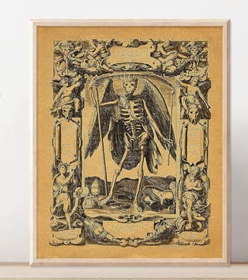 Artwork of a skeletal figure framed, with intricate details, possibly for home decor