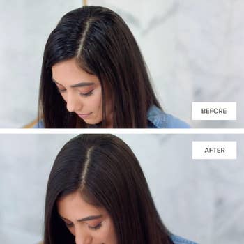 a model showing a before and after using the dry shampoo
