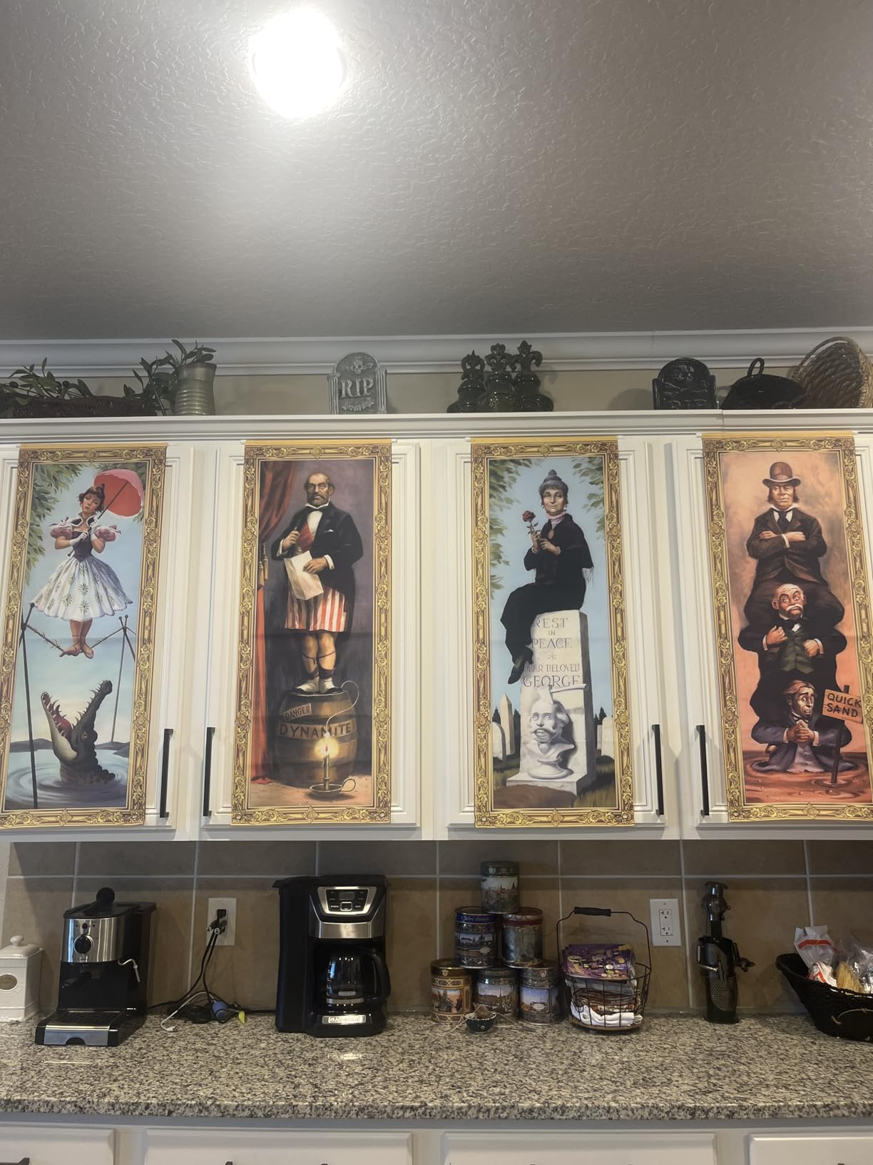 Cabinet doors with whimsical prints of radical   and animals successful  vintage circus attire, displayed successful  a room  setting