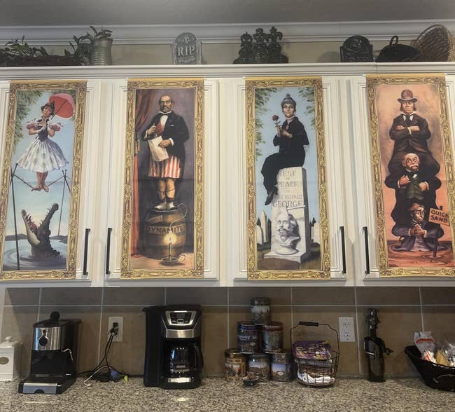 Cabinet doors with whimsical prints of radical and animals successful vintage circus attire, displayed successful a room setting