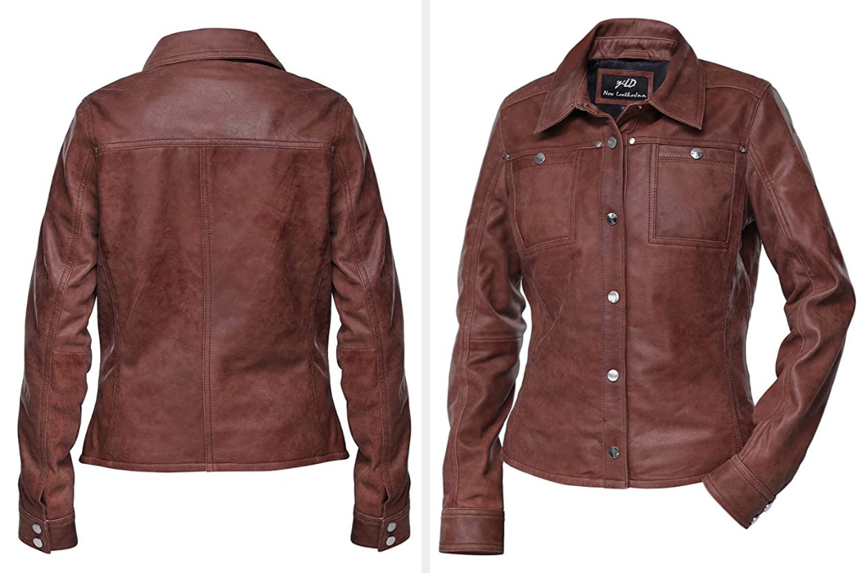 Two images of the brown leather jacket