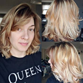 Person with layered shoulder-length hair, styled successful  brushed  waves, wearing a 
