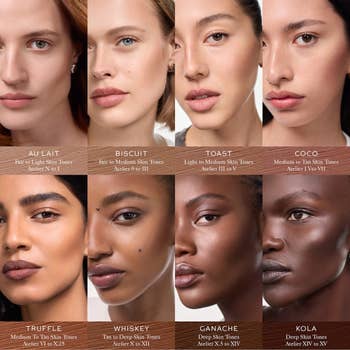 Eight models showcase divers tegument tones with instauration shades labeled Au Lait, Biscuit, Toast, Coco, Truffle, Whiskey, Ganache, and Kola
