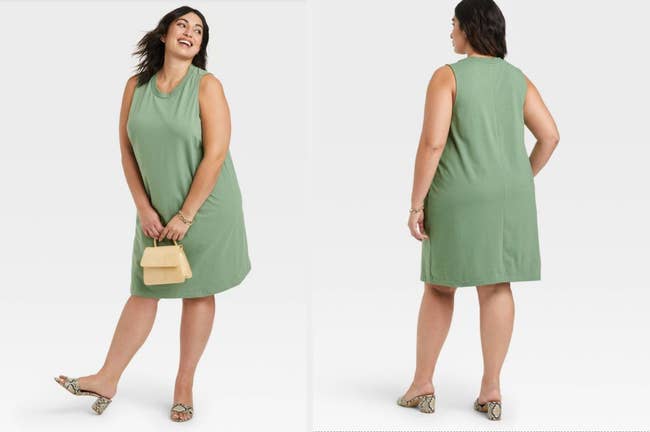Front and back view of muscle tank sage green dress