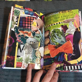 Open journal displaying colorful collage art with cut-out magazine images, including plants, animals, fashion items, and vibrant text elements