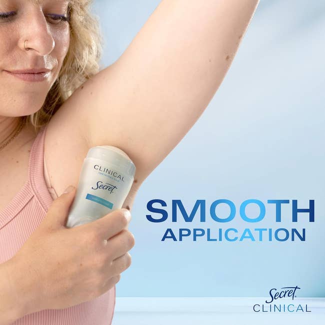 A idiosyncratic is applying Secret Clinical deodorant nether their arm, promoting
