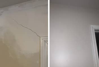 Reviewer before and after photo of a crack on their wall and then covered in putty
