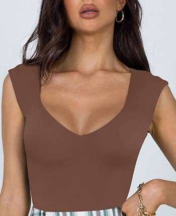 close-up of the brown v-neck bodysuit