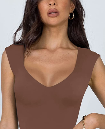 close-up of the brown v-neck bodysuit
