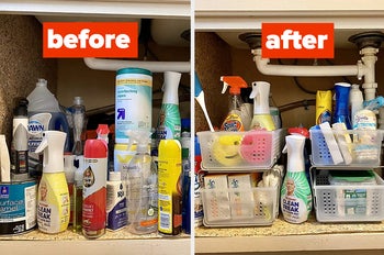 before and after of reviewer photo showing messy then organized under-bathroom sink cabinet