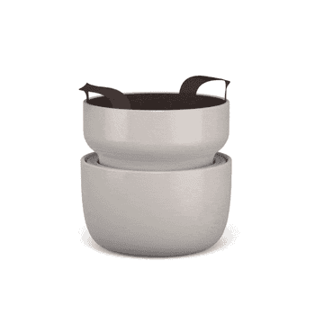 Animated representation  of a gray, multi-piece cookware acceptable   with detachable pieces, demonstrating stacking and nesting capabilities