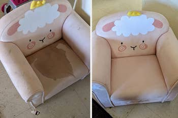 A reviewer's before and after photo of their child's couch chair which was once stained and splotched by urine and is now free of marks after using the machine
