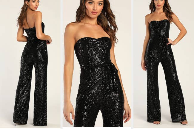 Three images of a model wearing black sequin jumpsuit