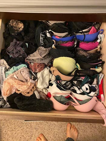 on left: messy drawer filled with piles of colorful bras and underwear