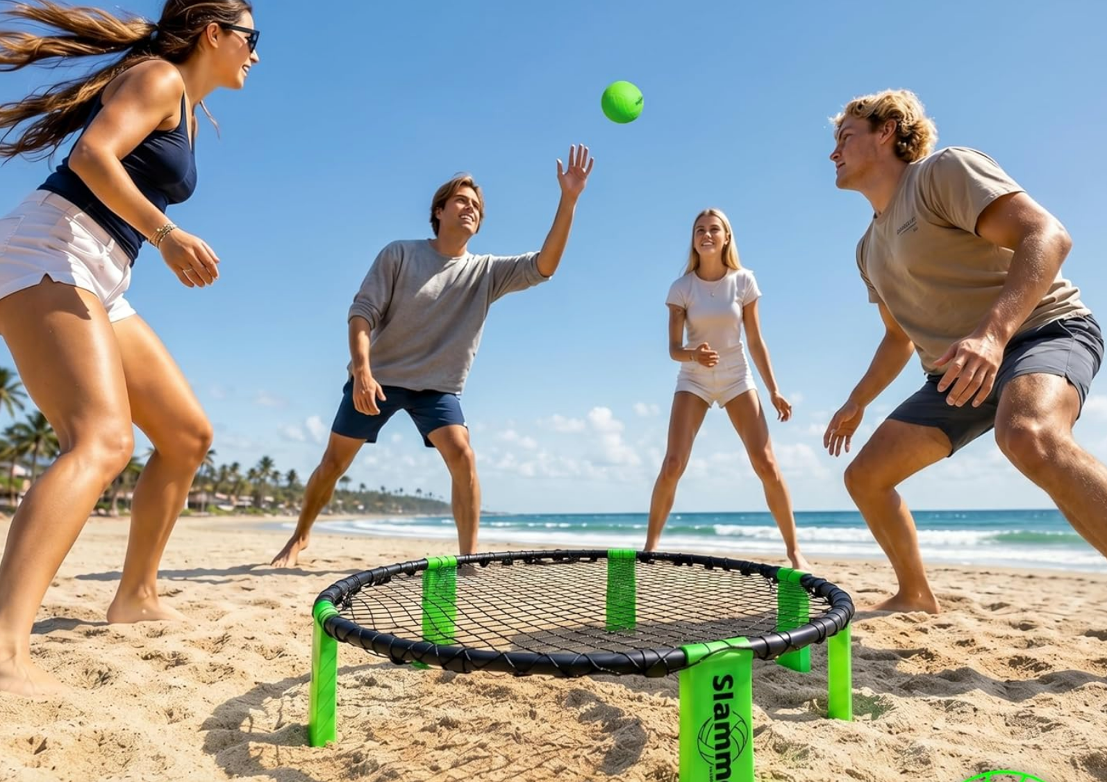 Four radical   playing a lively crippled  of Spikeball connected  a beach, highlighting outdoor amusive  and competitory  play