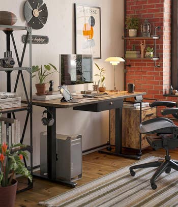 Modern home office with a standing desk, ergonomic chair, and trendy decor