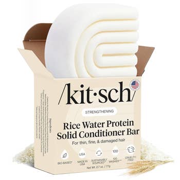 Kitsch Rice Water Protein Solid Conditioner Bar successful an unfastened box, marketed for thin, fine, and damaged hair. Made successful USA, cruelty-free
