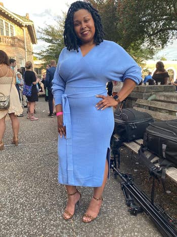 reviewer photo wearing the dress in blue at a wedding