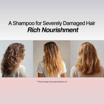 Ad promoting a shampoo for severely damaged hair, showing 3 AI-generated images of women with varying hairstyles and textures