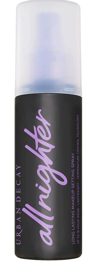 A close-up of the bottle of the makeup setting spray