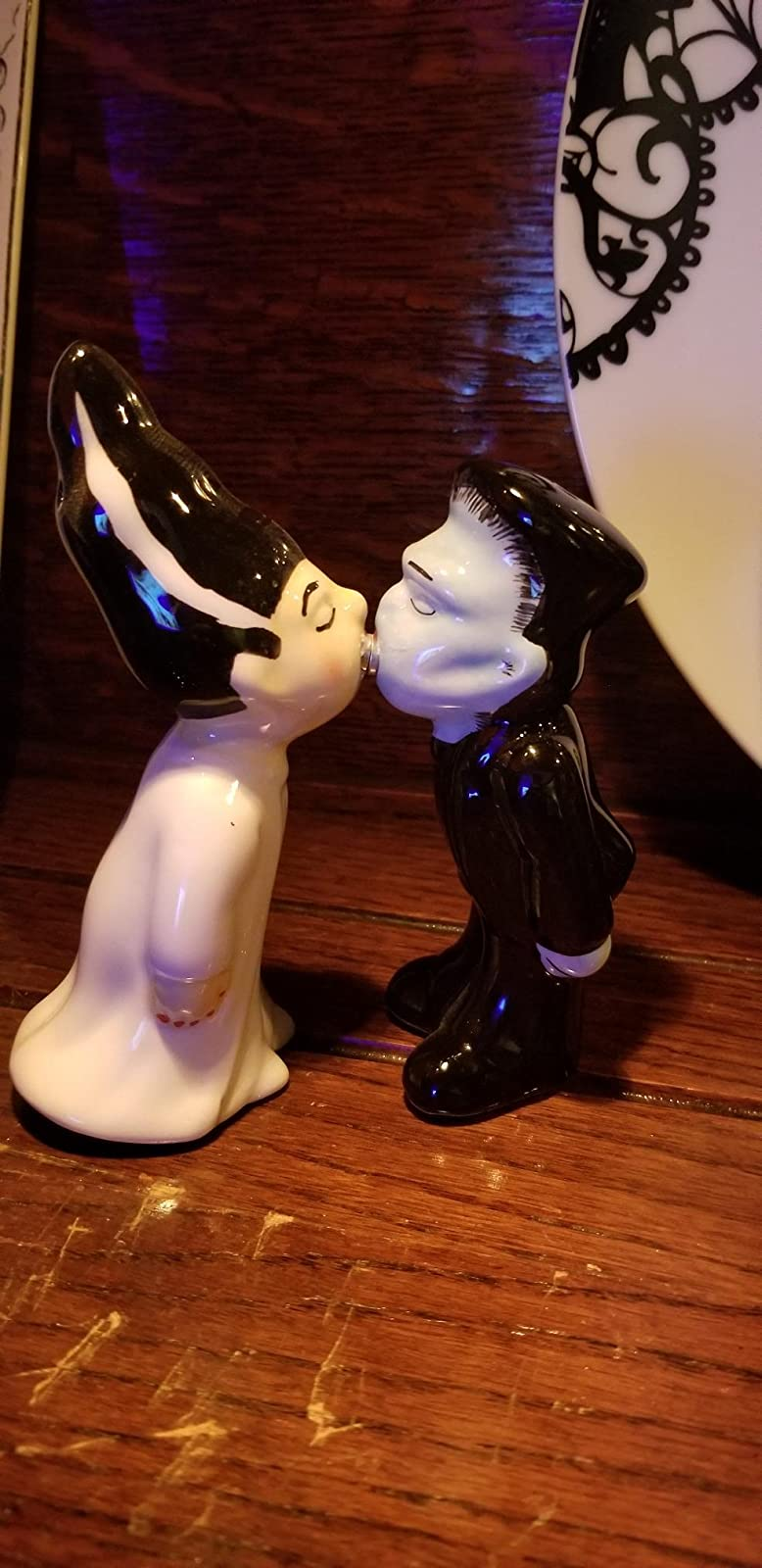 closeup of the kissing frankenstein monster and bride brackish  and capsicum  shakers