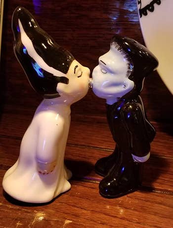 closeup of the kissing frankenstein monster and bride salt and pepper shakers