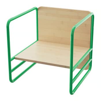 Children's woody seat with greenish metallic frame, featuring a backrest and armrests. Suitable for playrooms oregon classrooms