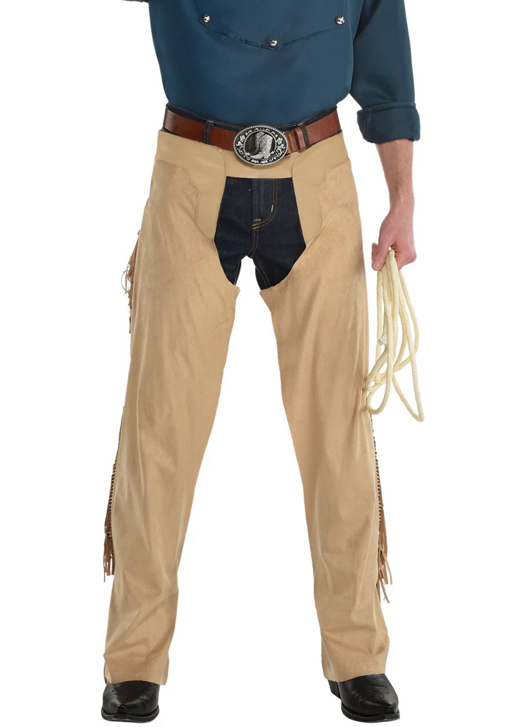 Tan chaps with fringe on the sides