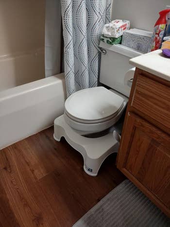 Bathroom with a toilet spot   riser, woody  floor, and cleaning products connected  the toilet tank