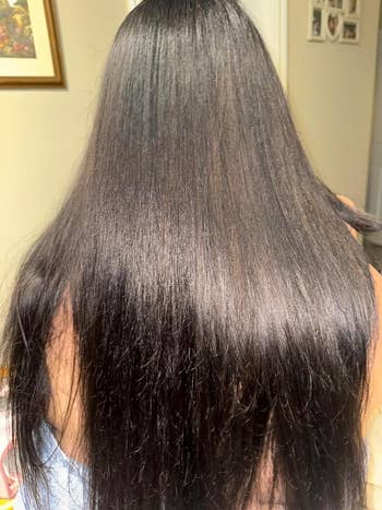 Person's back view showcasing long straight shiny black hair