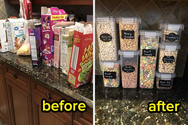 reviewer showing before and after photos of several boxes of pantry items transferred into food storage containers