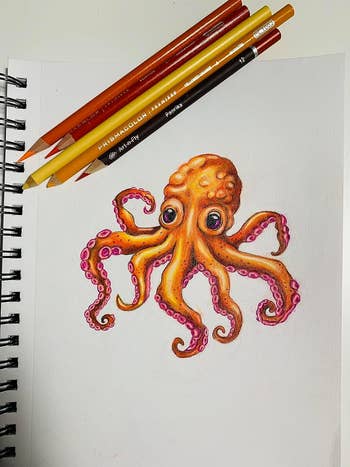An illustration of an octopus on a sketchbook, with colored pencils nearby