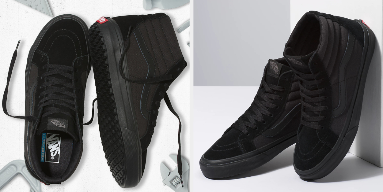 Two images of black sneakers