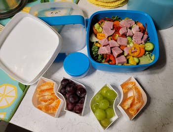 Assorted lunch containers filled with salad, meats, and fruits for healthy meal prep options
